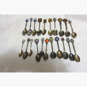 LOT OF 21 VINTAGE SOUVENIR SPOONS SILVER PLATE AND ENAMEL